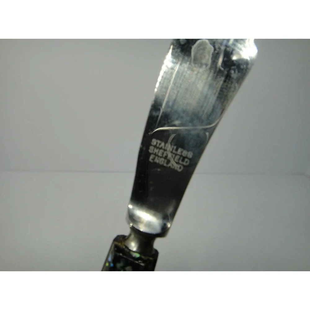 Vintage Sheffield England Abalone Shell Mosaic Butter Knife Spreader Set of 2